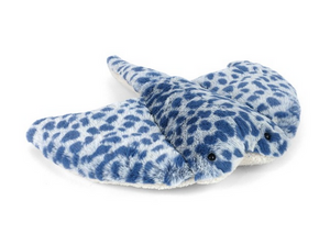 Meet Ray Ray Stingray by Mon Ami—a blue and white spotted plush cuddly toy with two black eyes, shown on a plain white background. This charming sea friend is perfect for snuggles and imaginative adventures!.