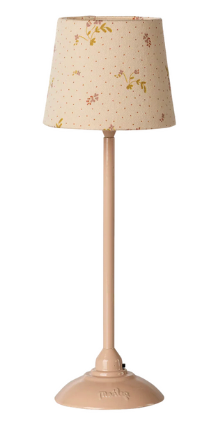 The Maileg Powder Floor Lamp - Miniature features a beige base and a white fabric lampshade adorned with delicate floral and polka dot patterns, making it the perfect battery-operated floor lamp for your dollhouse.