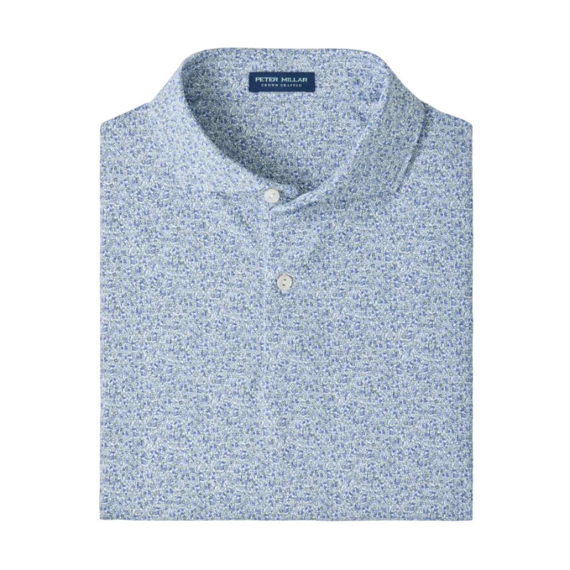 A folded Peter Millar Limoncello Performance Jersey Polo in a blue and white floral pattern, featuring a collared neckline with two buttons and four-way stretch for optimal comfort, displayed on a plain white background.