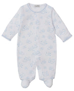 The Kissy Kissy Baby Cheerful Good Night Printed Footie is a luxurious, long-sleeve, footed sleeper made from soft pima cotton and features charming light blue cloud, star, and moon prints.