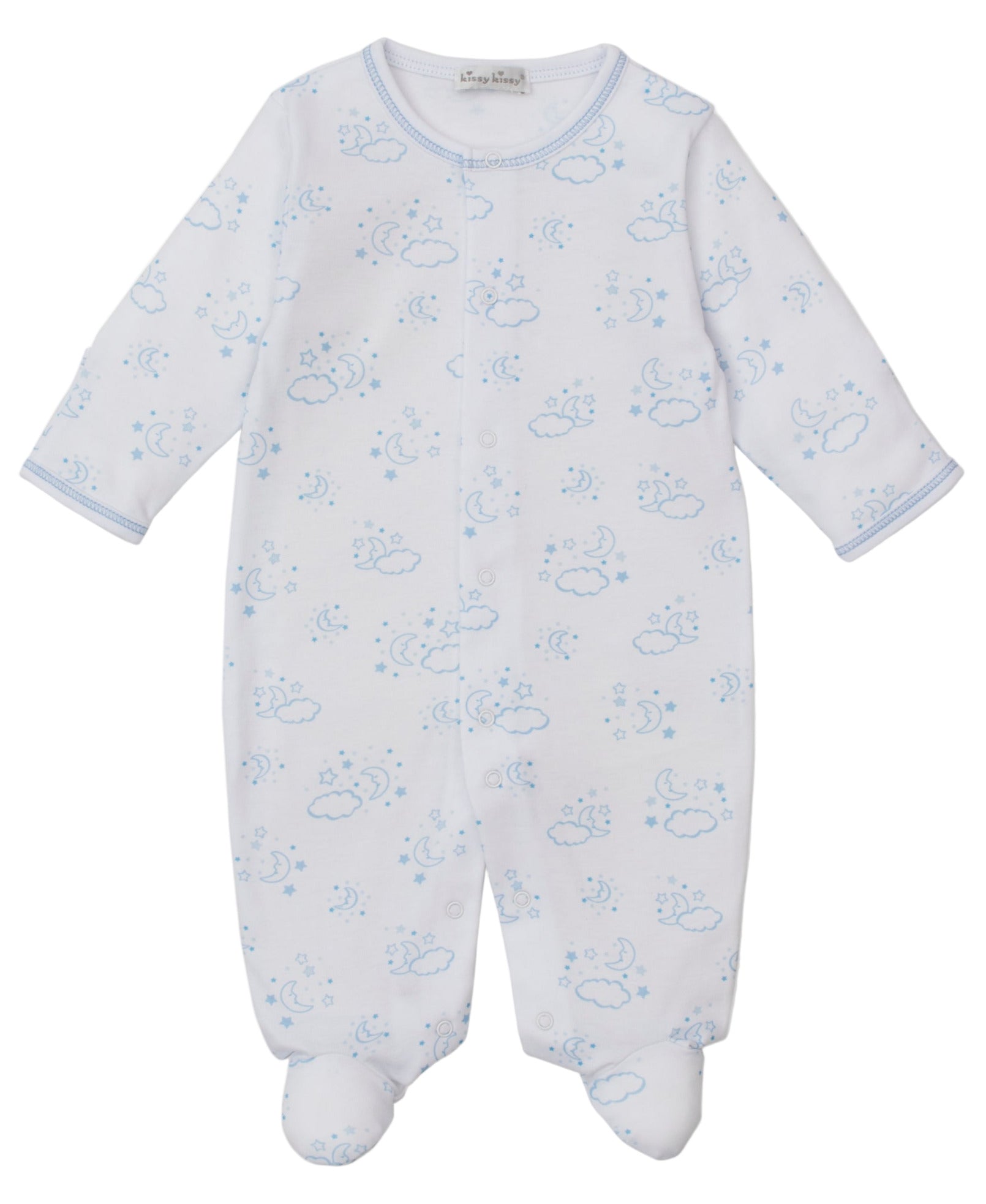 The Kissy Kissy Baby Cheerful Good Night Printed Footie is a luxurious, long-sleeve, footed sleeper made from soft pima cotton and features charming light blue cloud, star, and moon prints.