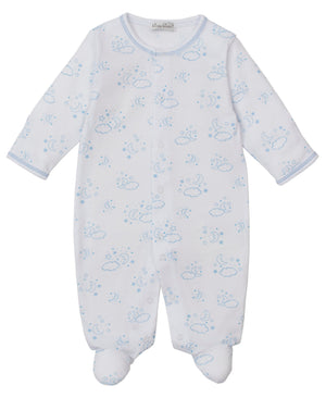 The Kissy Kissy Baby Cheerful Good Night Printed Footie is a luxurious, long-sleeve, footed sleeper made from soft pima cotton and features charming light blue cloud, star, and moon prints.