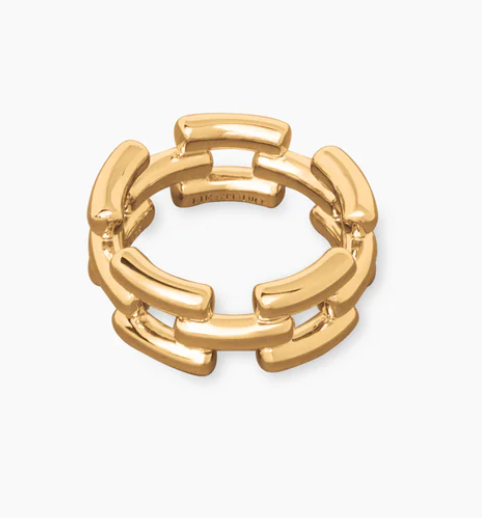 The Isabel Ring by Lie Studio is a timeless gold piece with an openwork design, showcasing interlinked rectangular segments, set against a white background.