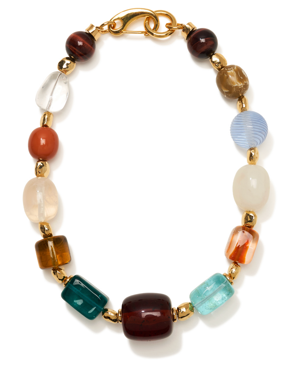 The Acrobat Necklace by Lizzie Fortunato features multicolored resin round and rectangular beads, gold-plated brass spacer beads, and a gold clasp, displayed in a circular arrangement on a white background.