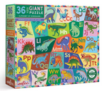 The Eeboo Alphabet of Dinosaurs 36-Piece Giant Puzzle features a vibrant Dinosaur Alphabet, with each letter matched to a unique illustrated dinosaur on a multicolored background. This engaging educational toy is perfect for children ages 4 and up.