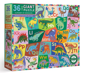The Eeboo Alphabet of Dinosaurs 36-Piece Giant Puzzle features a vibrant Dinosaur Alphabet, with each letter matched to a unique illustrated dinosaur on a multicolored background. This engaging educational toy is perfect for children ages 4 and up.