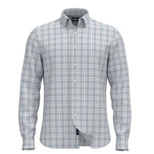 The Movement Shirt by Faherty is a long-sleeve, button-up with a blue and white plaid pattern, classic collar, and front pocket for timeless style.