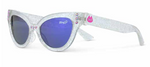 The Bling2O Girls’ Malibu Beach Sunglasses feature a silver glitter cat-eye frame with blue UV-protected lenses, small pink rhinestones adorning the corners, and a pink cat logo on the arms.