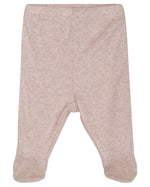Serendipity Newborn Rib Pants with Feet in light pink organic cotton, displayed flat to show the back side with closed feet and a soft elastic waistband.