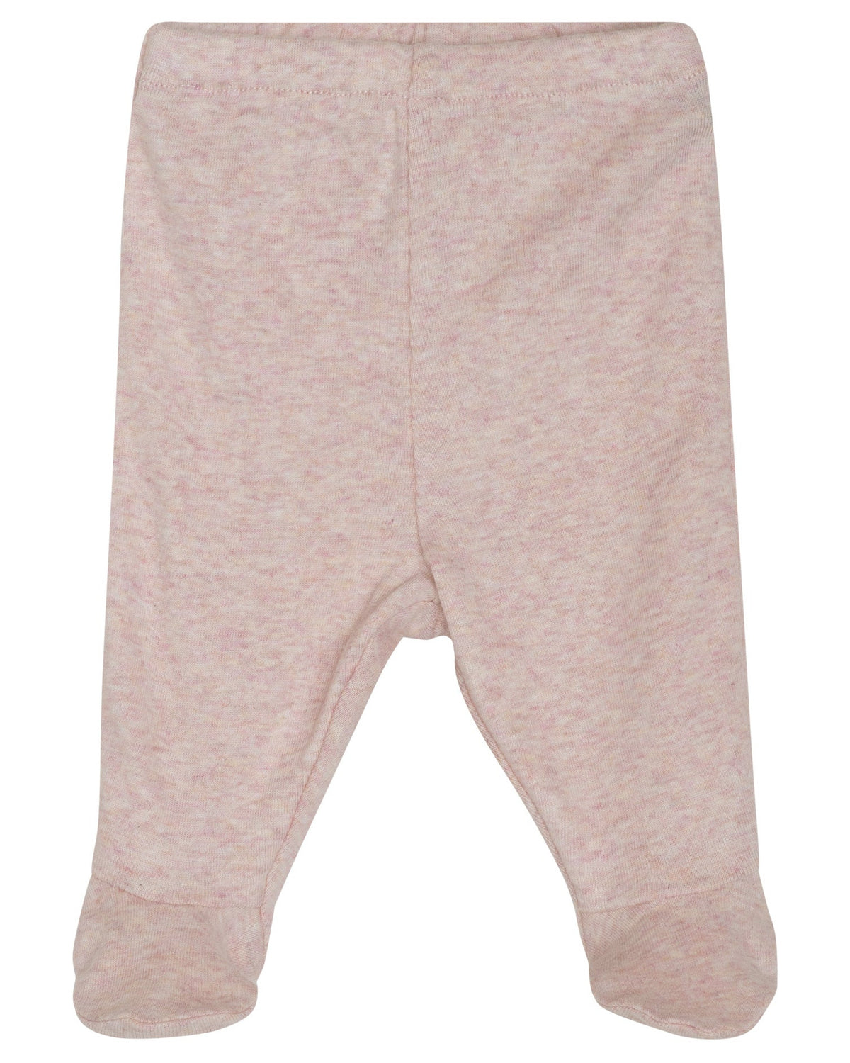 Serendipity Newborn Rib Pants with Feet in light pink organic cotton, displayed flat to show the back side with closed feet and a soft elastic waistband.