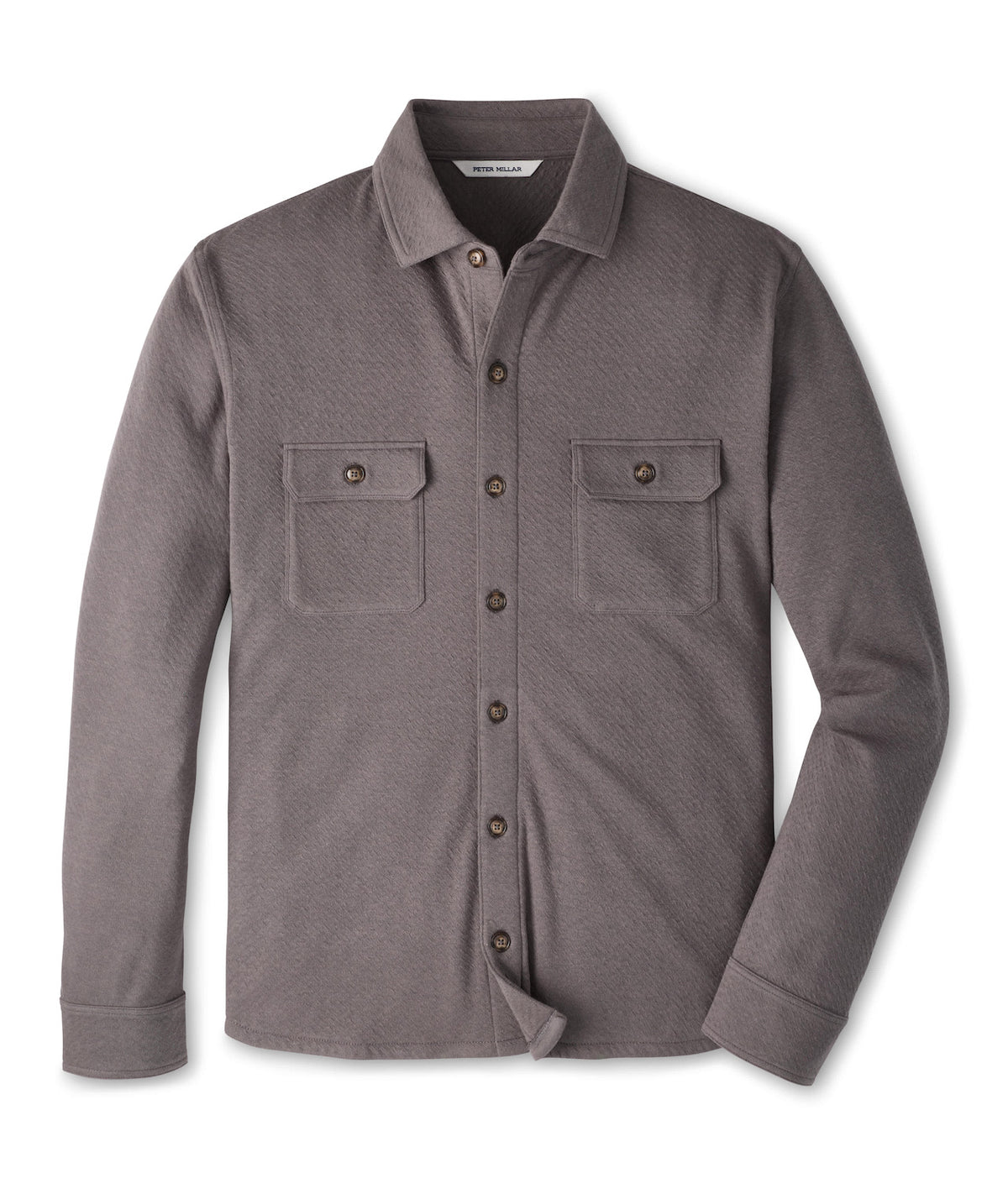 Peter Millar Ridgeline Knit Shirt Jacket in grey, featuring a textured cotton-blend, button-up front, and two chest pockets.