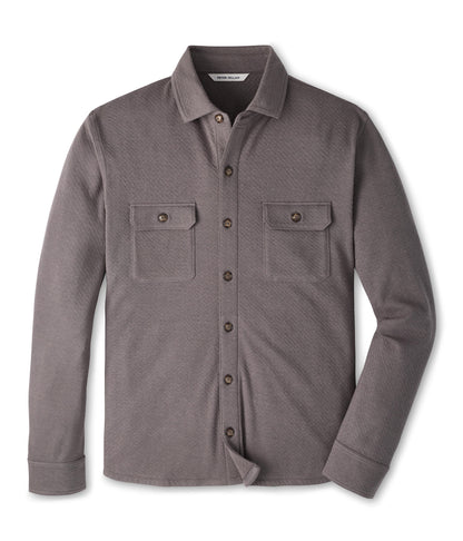 Peter Millar Ridgeline Knit Shirt Jacket in grey, featuring a textured cotton-blend, button-up front, and two chest pockets.