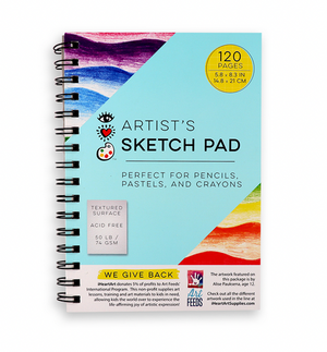 The Bright Stripes Artist’s Sketch Pad is a spiral-bound pad featuring a blue cover with rainbow accents and includes 120 perforated sheets suitable for use with pencils, pastels, and crayons.