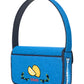 The Staud Tommy Beaded Bag in blue features a "SAVOR" lemon slice design, crafted from vegan leather with hand-beaded floral accents and a thick matching strap—making it stand out beautifully against any background.