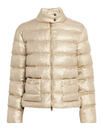 The Herno Metallic Nylon Jacket features a front zipper, high collar, snap buttons, and front pockets, shown on a white background.