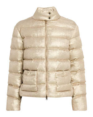 The Herno Metallic Nylon Jacket features a front zipper, high collar, snap buttons, and front pockets, shown on a white background.