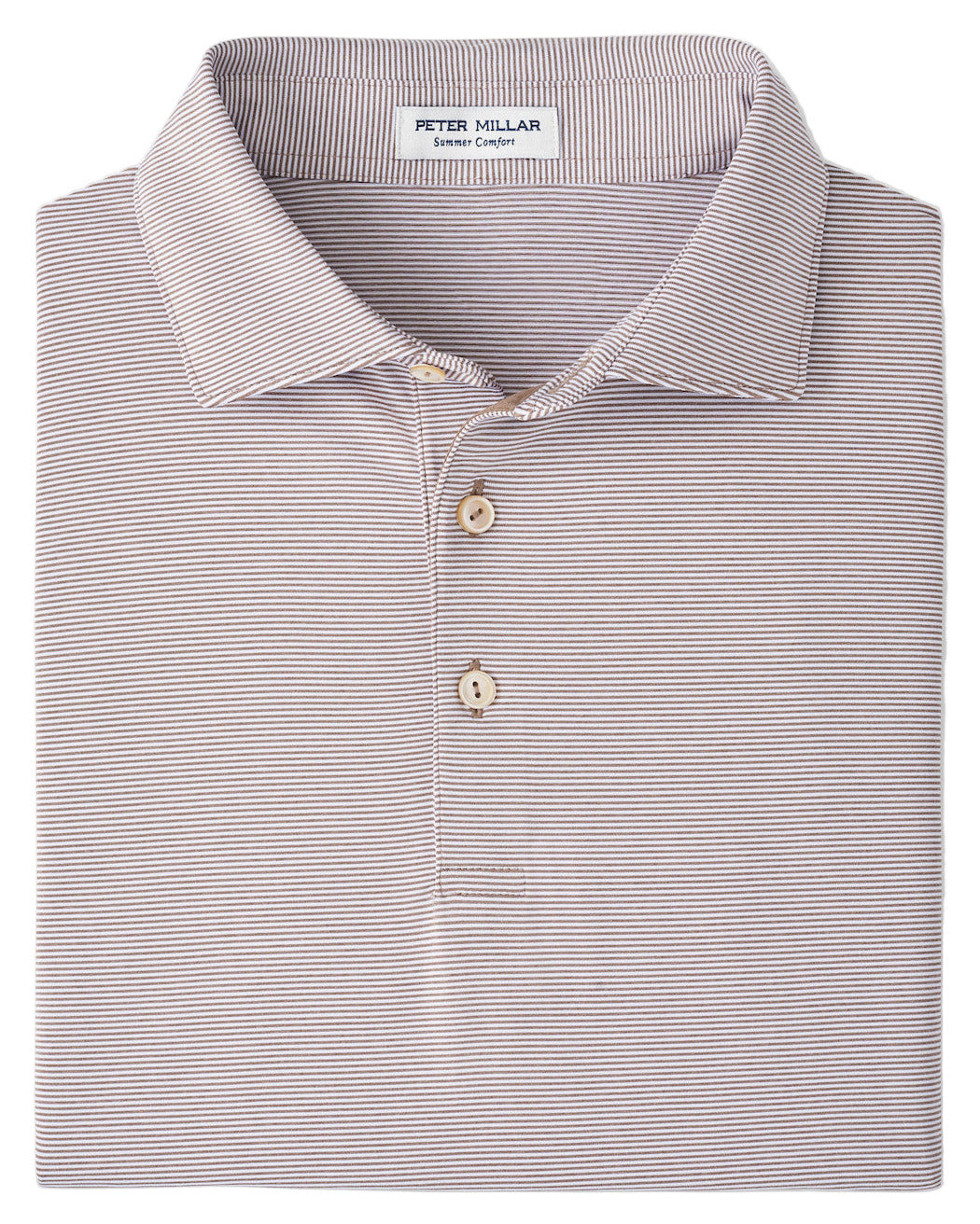 A folded Peter Millar Jubilee Performance Jersey Polo with short sleeves, light thin stripes, a collar, and two buttons, known for UPF 50+ protection and performance fabric.