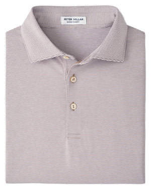 A folded Peter Millar Jubilee Performance Jersey Polo with short sleeves, light thin stripes, a collar, and two buttons, known for UPF 50+ protection and performance fabric.