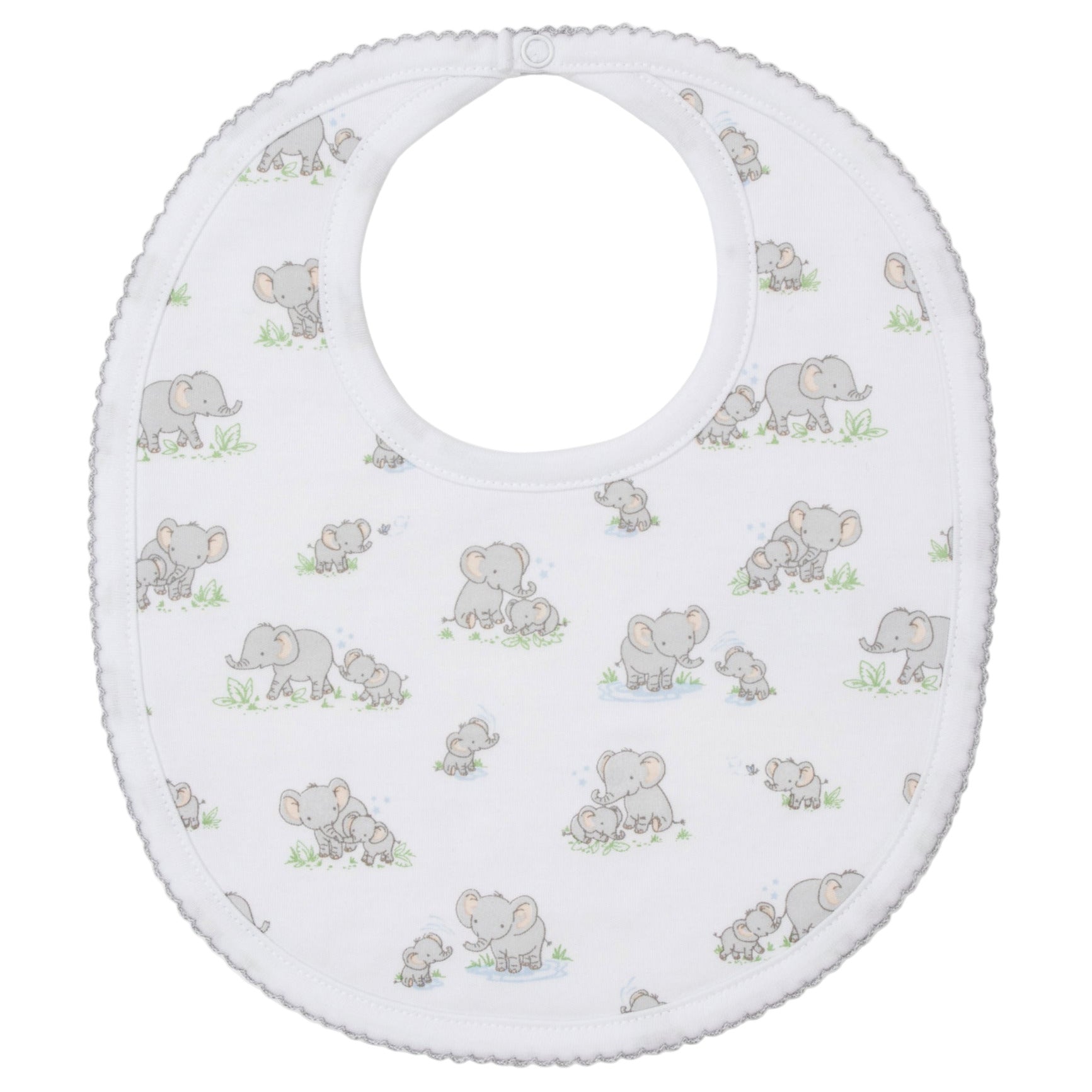 The Kissy Kissy Elephant Esprit Printed Bib is crafted from soft Pima cotton and features gray elephants—standing and sitting—amid green grass with blue accents.
