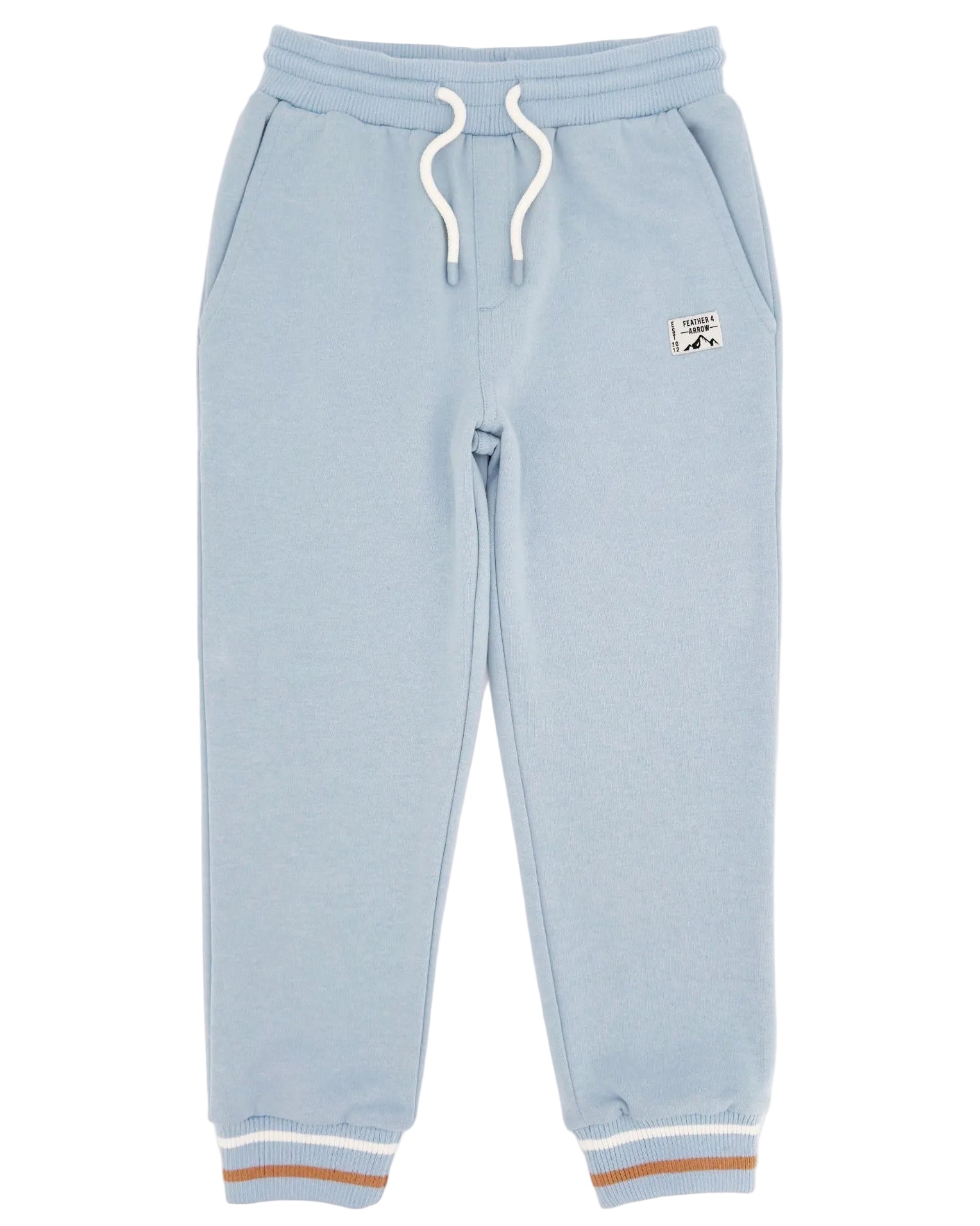 Introducing the Feather 4 Arrow Baby Boys’ and Boys’ Bowie Outside Jogger: light blue joggers with a relaxed fit, featuring a white adjustable drawcord, front pockets, ribbed cuffs accented with tan and white stripes, and a small patch on the left hip. These lightweight joggers are perfect for all-day comfort and style.