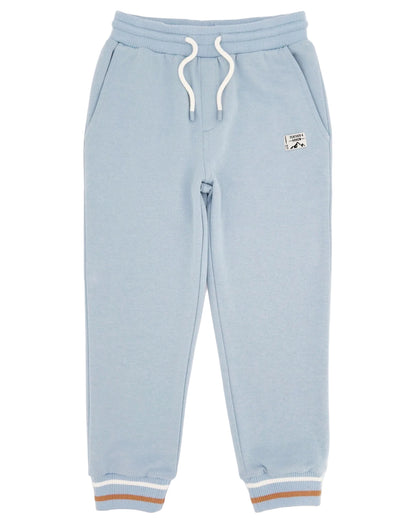 Introducing the Feather 4 Arrow Baby Boys’ and Boys’ Bowie Outside Jogger: light blue joggers with a relaxed fit, featuring a white adjustable drawcord, front pockets, ribbed cuffs accented with tan and white stripes, and a small patch on the left hip. These lightweight joggers are perfect for all-day comfort and style.