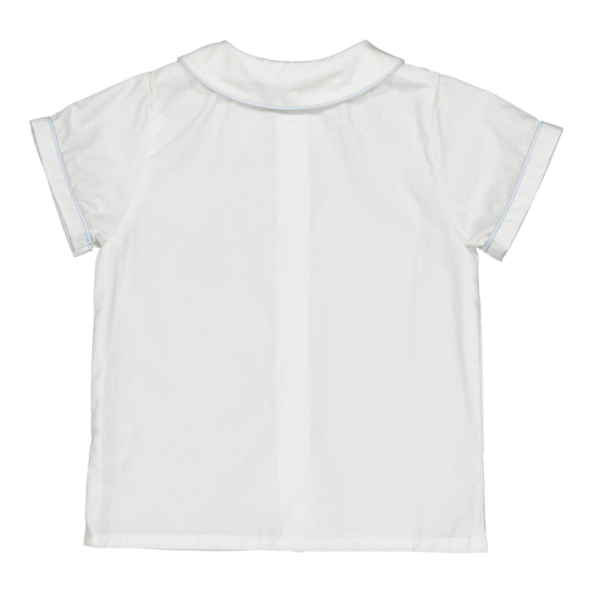 Back view of the Kidiwi Baby Boys' and Boys' Noa MC Shirt: a lightweight short-sleeve white shirt with light blue trim on sleeves and collar, laid flat against a white background.