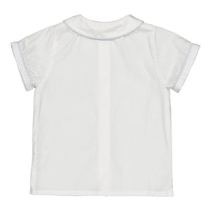 Back view of the Kidiwi Baby Boys' and Boys' Noa MC Shirt: a lightweight short-sleeve white shirt with light blue trim on sleeves and collar, laid flat against a white background.