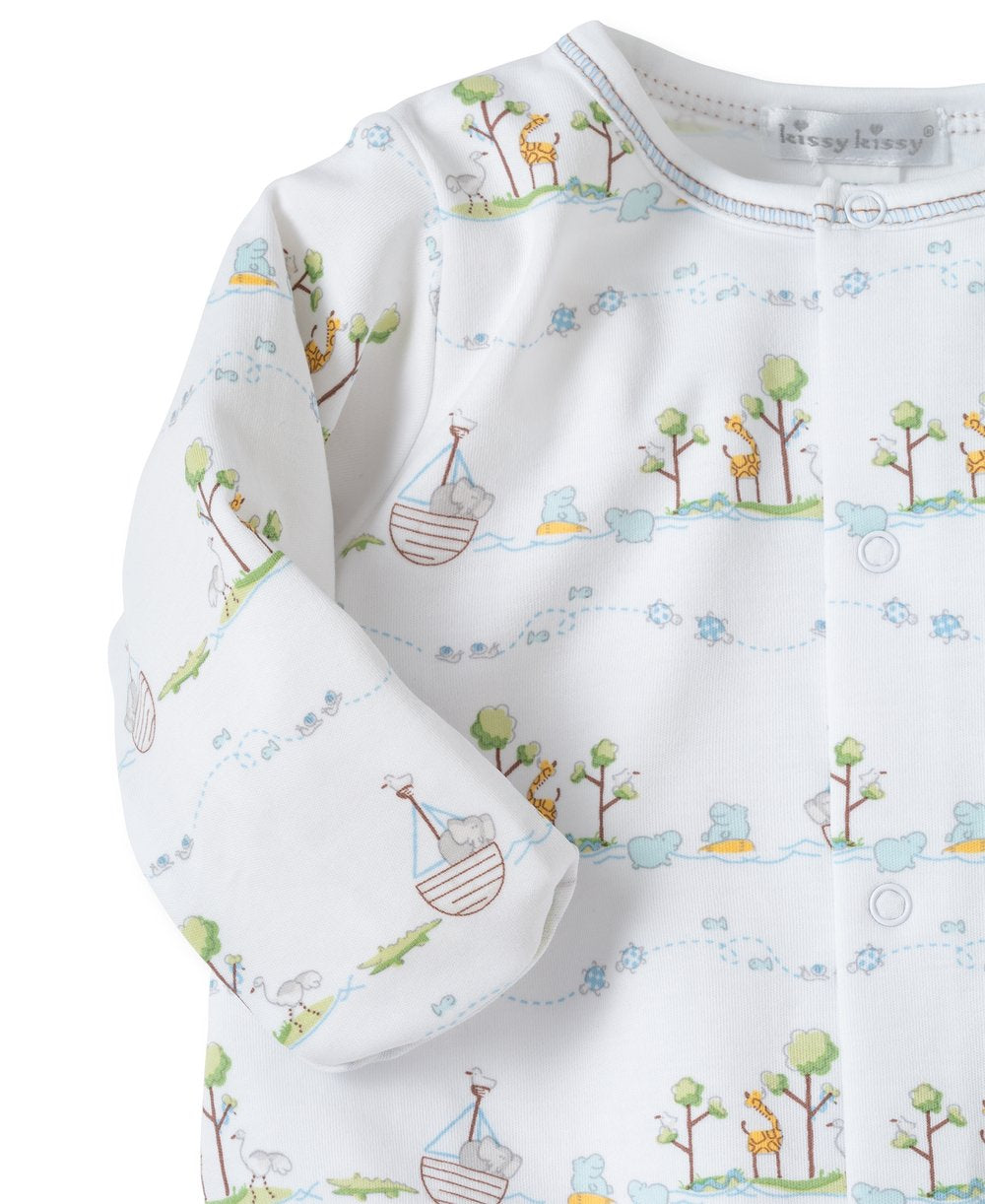 A baby boy's long-sleeved pajama with giraffes and trees, made of soft Pima cotton by Kissy Kissy Noah’s Ark Convertible Gown.