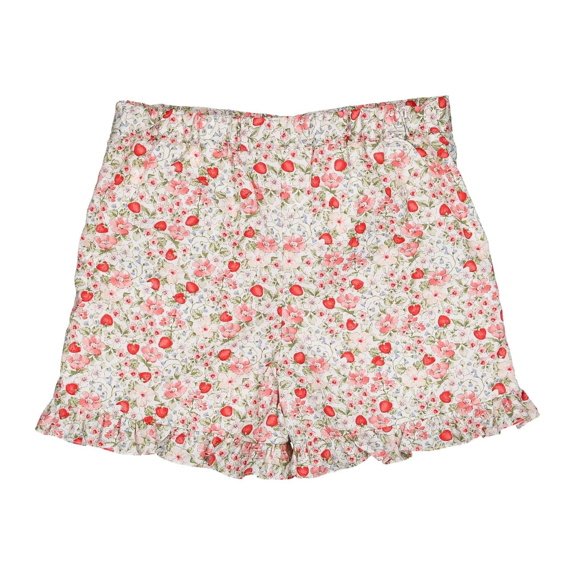 Kidiwi Baby Girls' and Girls' Nolana Short features an elastic waistband and a fun floral and strawberry Cherry Red print on white—perfect shorts for any sunny day.