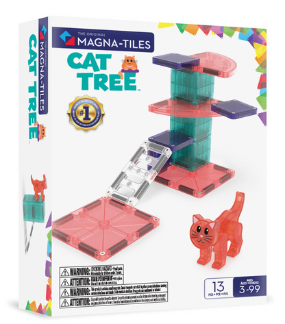 The Magnatiles Cat Tree 13-Piece Set is a magnetic building toy featuring a colorful cat tree and red cat, perfect for creative hands-on play for ages 3-99.
