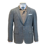 A Canali Kei Grey/Teal Plaid Blazer is styled over a beige sweater, white dress shirt, and dark patterned tie, displayed on a mannequin against a white background.