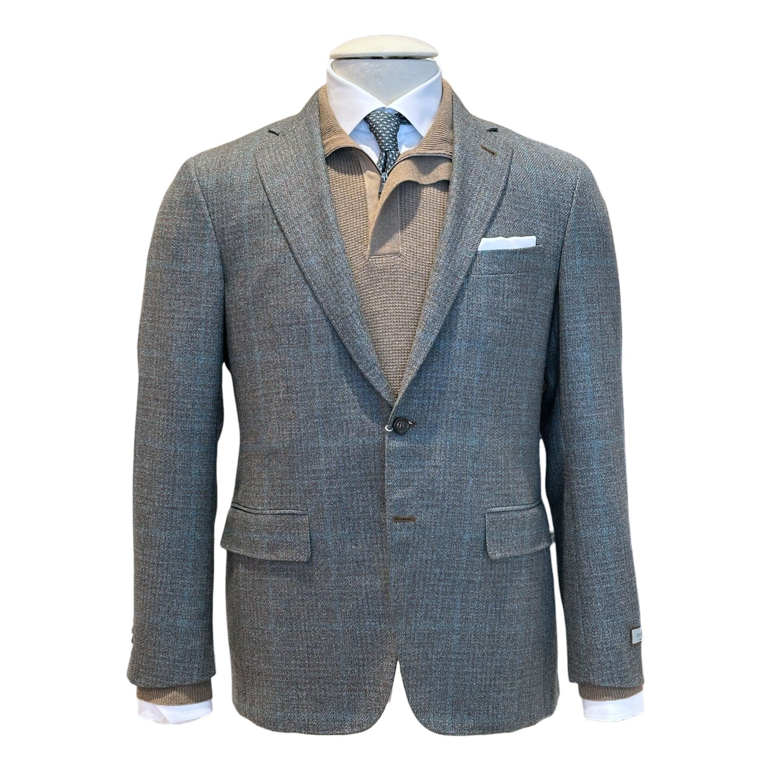 A Canali Kei Grey/Teal Plaid Blazer is styled over a beige sweater, white dress shirt, and dark patterned tie, displayed on a mannequin against a white background.