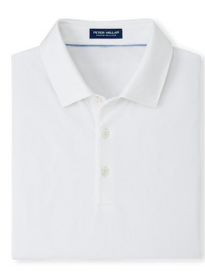 The Excursionist Flex Polo by Peter Millar is a neatly folded white shirt, featuring a collar and three buttons, made from a natural fiber blend for enhanced stretch mobility.