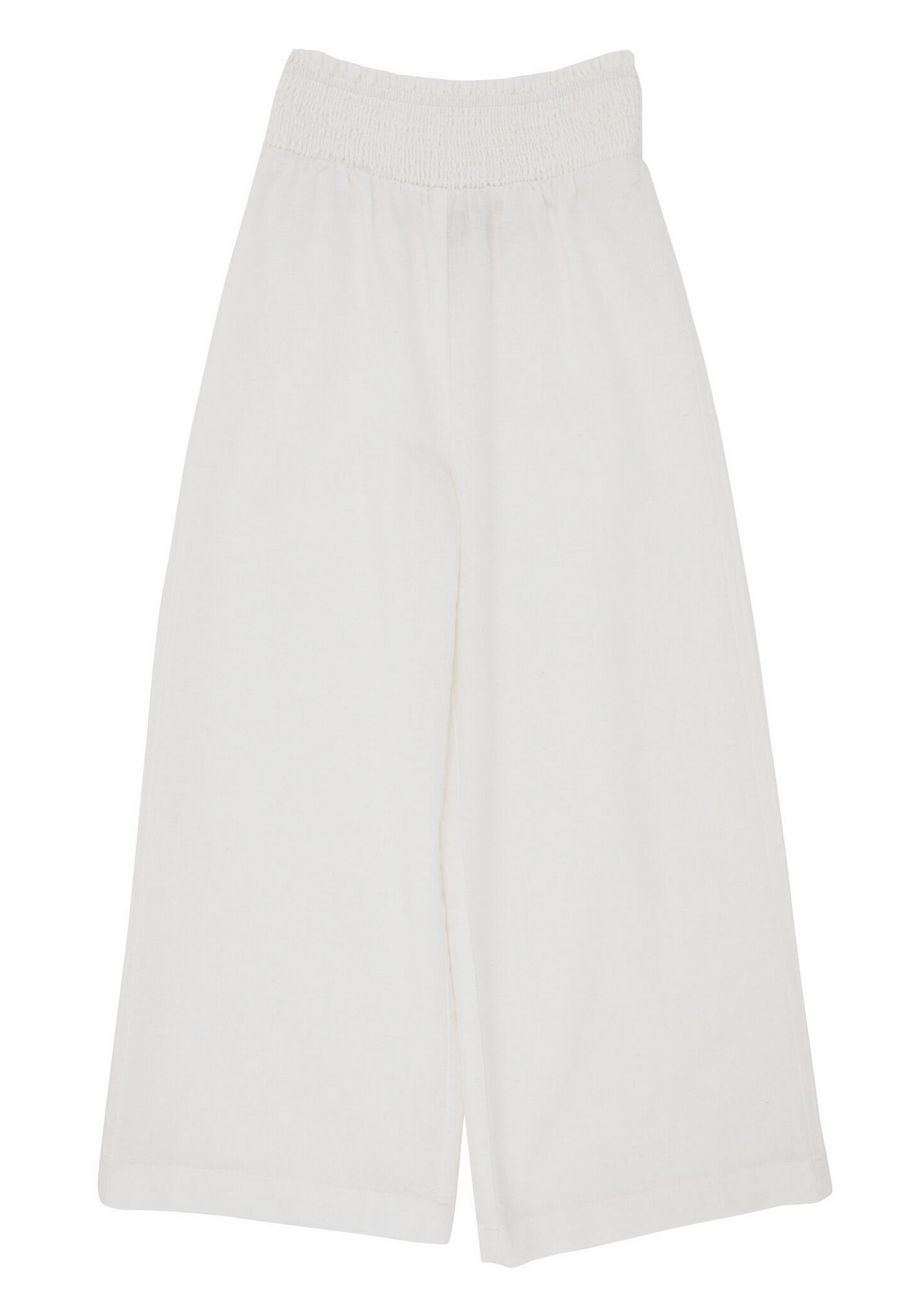 Girls’ Lenai Lounge Pant by The Beaufort Bonnet Company in Worth Avenue White—wide-leg linen pants with an elastic waistband, shown flat on a plain background.
