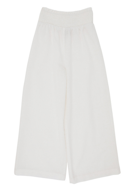 Girls’ Lenai Lounge Pant by The Beaufort Bonnet Company in Worth Avenue White—wide-leg linen pants with an elastic waistband, shown flat on a plain background.