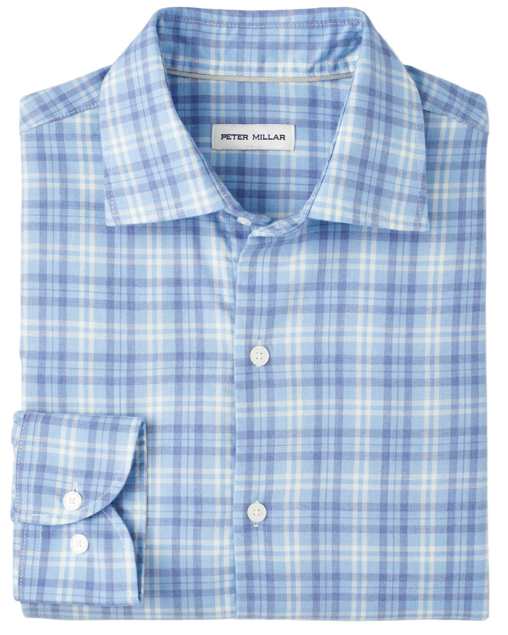 The Peter Millar Bar Harbor Performance Flannel Sport Shirt features a blue and white plaid pattern, long sleeves, and soft performance fibers—an ideal fall shirt with the "Peter Millar" label inside the collar.