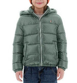 A child wearing the Herno Kids' Nylon Ultralight Hooded Jacket in green and blue jeans, facing forward.