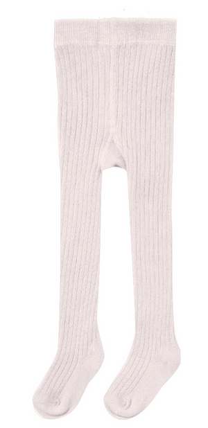 The Quincy Mae Baby Girls' and Girls' Tights are light pink, rib knit footed tights for children, made from soft, stretchy fabric and shown laid flat on a white background.