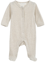 The Serendipity Newborn Rib Stripe Bodysuit is a long-sleeve, footed onesie made from organic cotton, featuring beige and white horizontal stripes, front snap button closures, and a round neckline, shown laid flat on a white background.