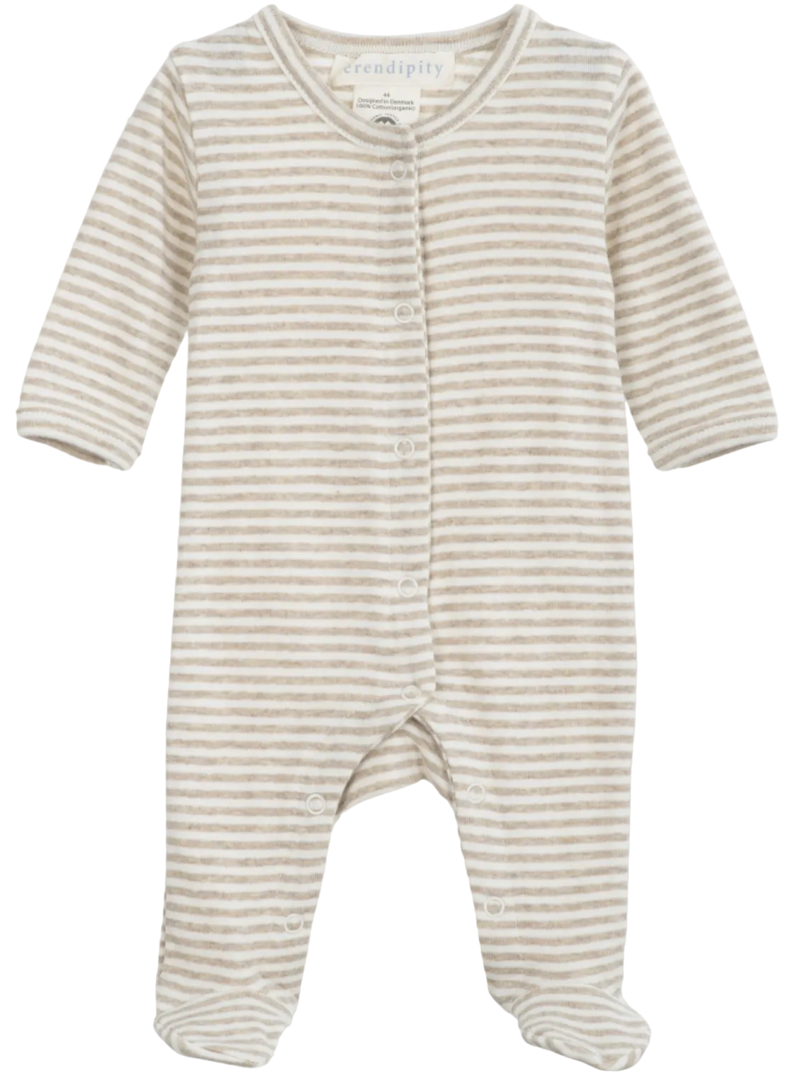 The Serendipity Newborn Rib Stripe Bodysuit is a long-sleeve, footed onesie made from organic cotton, featuring beige and white horizontal stripes, front snap button closures, and a round neckline, shown laid flat on a white background.
