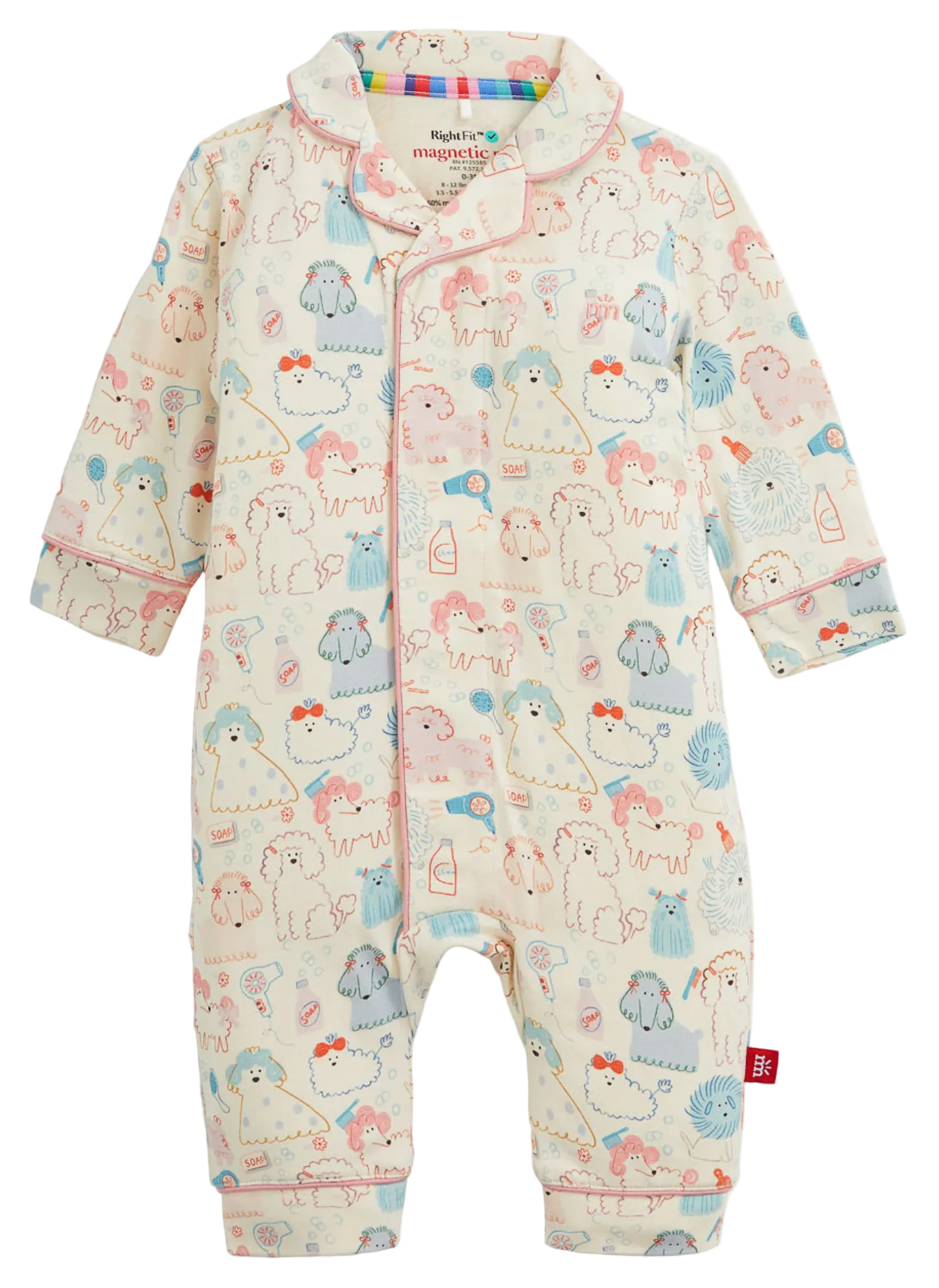 Dress your little one in the Magnetic Me Baby Girls’ Poodle Pawlor Coverall, a cream-colored long-sleeve onesie featuring pastel animal doodle prints and a diagonal front zipper with pink trim. Made from RightFit fabric, this coverall offers a comfortable and cozy fit for your baby.