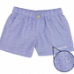 The Properly Tied Boys' Mallard Short features a light purple abstract pattern, elastic waistband, side pockets, button closure, and quick-dry moisture-wicking fabric. Includes a close-up of the design.