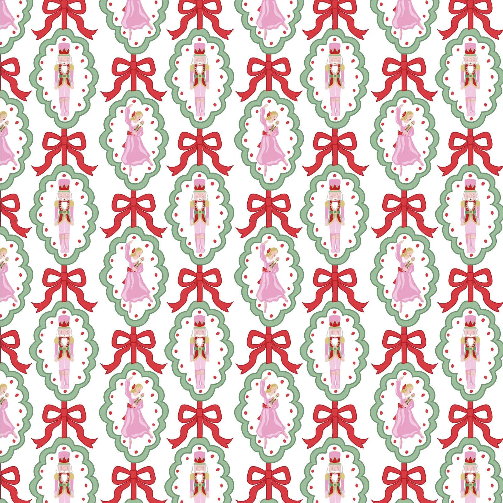 Lila & Hayes Girls' Ava Pajama Pant Set features a seamless nutcracker and ballerina pattern framed in green scalloped ovals with red bows on white—perfect for cozy nights.