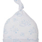 The Kissy Kissy Cheerful Good Night Printed Hat is made from soft Pima cotton and features blue stars and clouds on a white background.