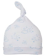 The Kissy Kissy Cheerful Good Night Printed Hat is made from soft Pima cotton and features blue stars and clouds on a white background.