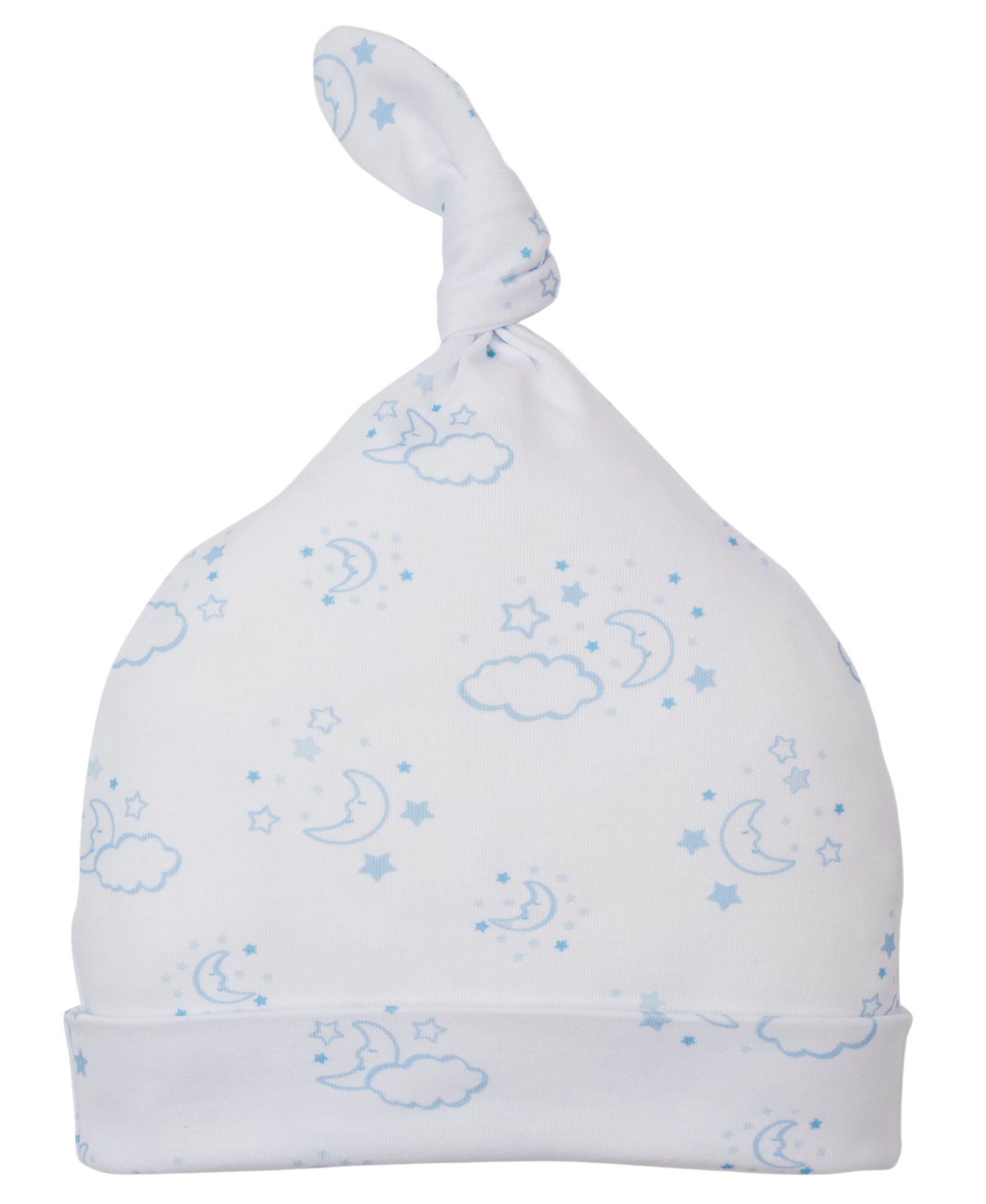 The Kissy Kissy Cheerful Good Night Printed Hat is made from soft Pima cotton and features blue stars and clouds on a white background.