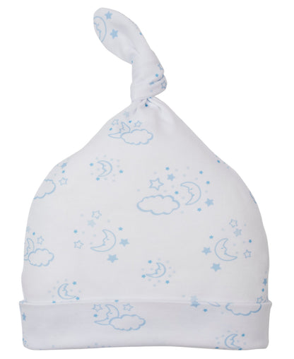 The Kissy Kissy Cheerful Good Night Printed Hat is made from soft Pima cotton and features blue stars and clouds on a white background.