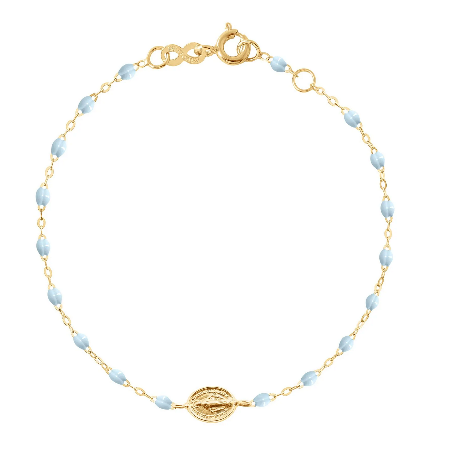 The Gigi Clozeau Madone Charm Bracelet 6.7" features elegant resin pearls and a central oval medallion with an engraved design, all set on a stunning 18-carat gold chain.