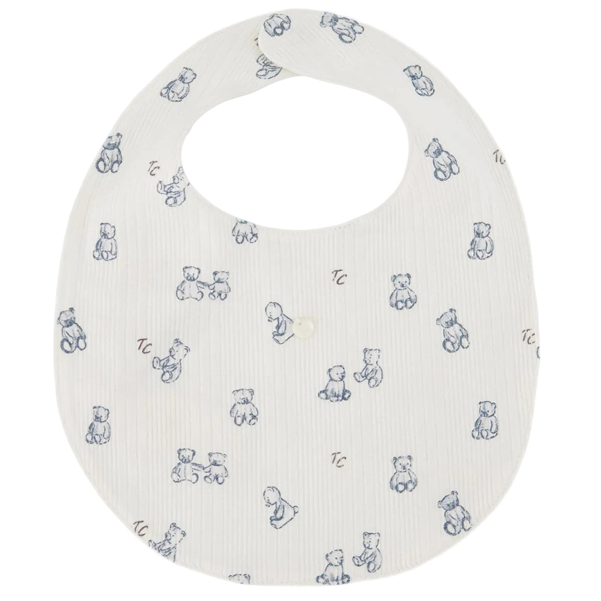 White newborn Bib by Tartine et Chocolat, featuring blue teddy bear illustrations and a small front button, crafted from soft, unbleached cotton for a gentle baby mealtime accessory.