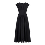 The Nyssa Dress by Proenza Schouler White Label is a long black dress featuring a gathered bodice, fitted waist, and flared A-line skirt, shown against a white background.